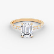 Emerald Cut - Pave Band - Classic Engagement Ring- 14 K Gold